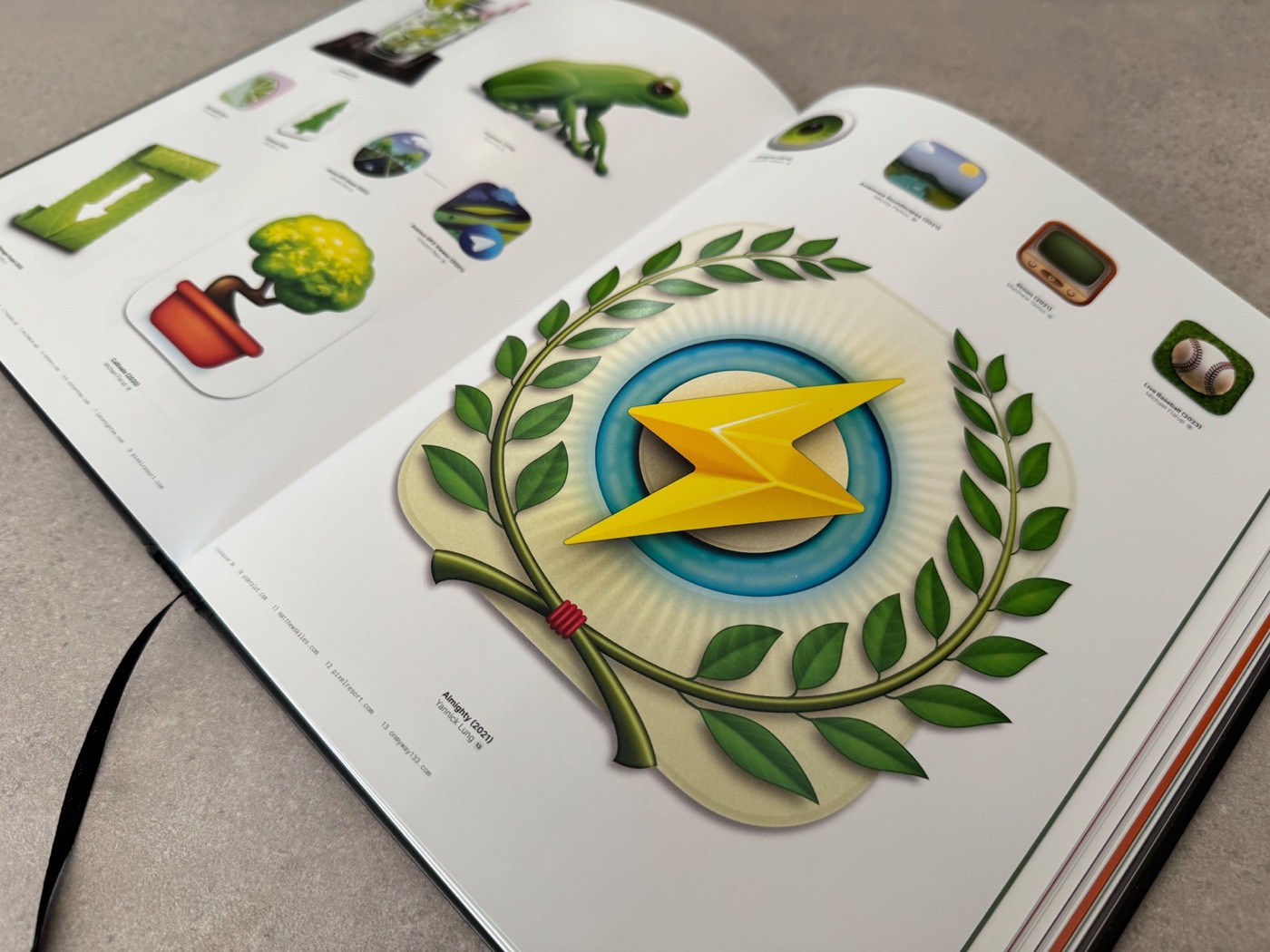 An open App Icon Book showing a detailed green icon gallery